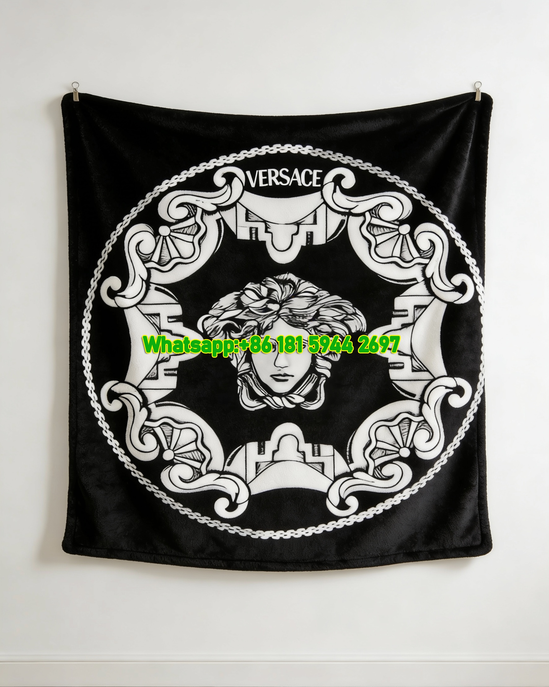 Versace Black White Medusa Baroque Emblem Printed Flannel Throw Blanket IMG_1295